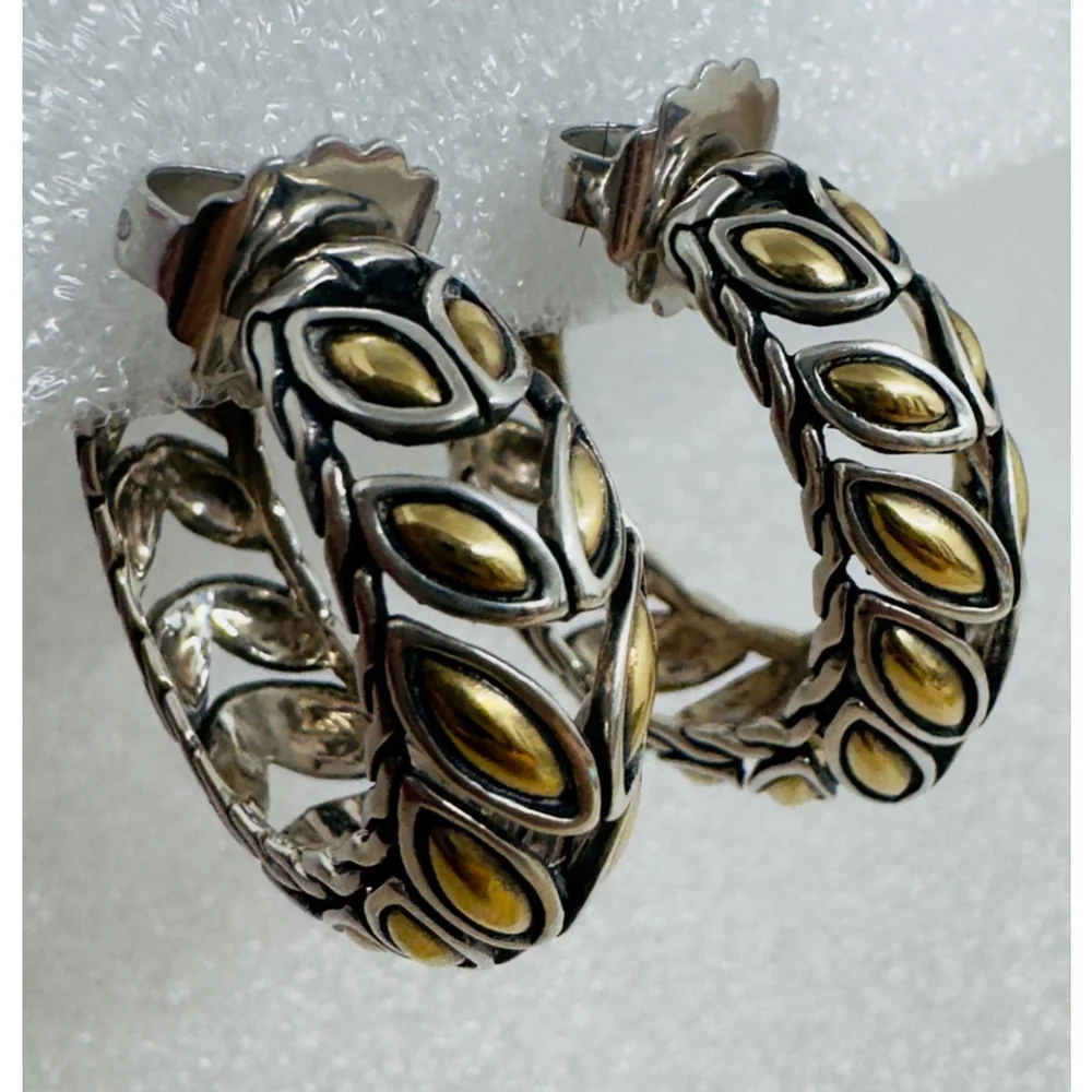John Hardy Kawung 925 Sterling Silver and 18K Gold Hoop Earrings 3/4 Diameter